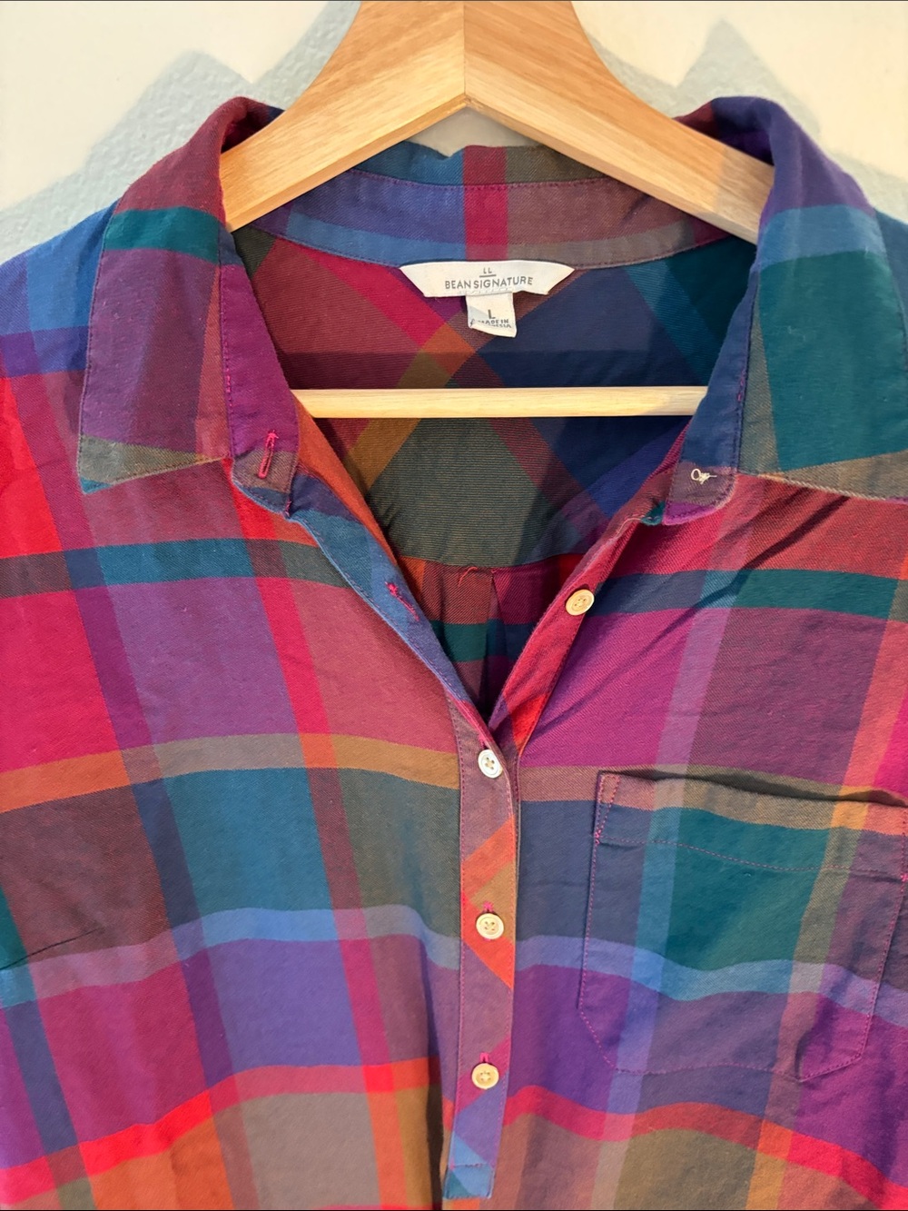 L.L. BEAN Signature Plaid Cotton Popover Tunic Vibrant Multicolor Plaid Large - Picture 3 of 8